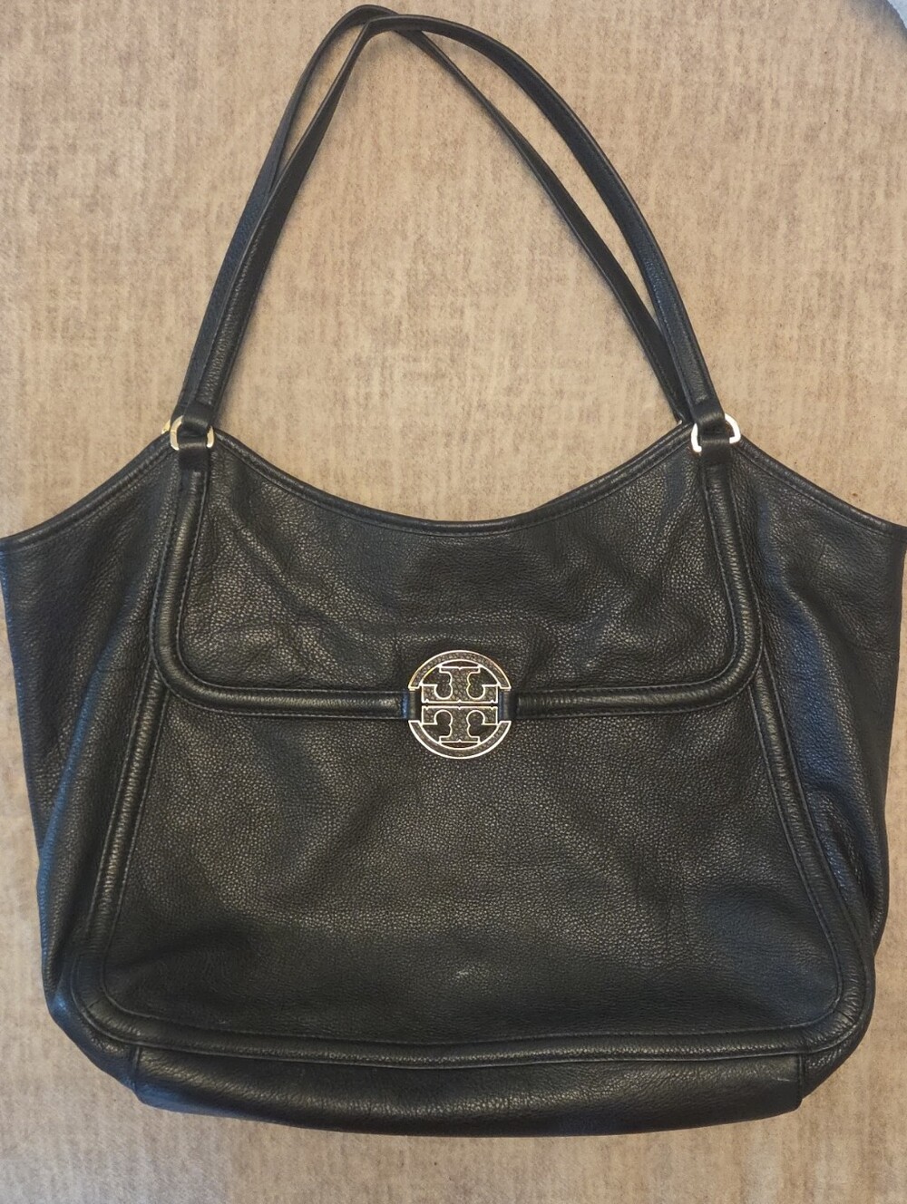 Tory Burch Black Pebbled Leather Shoulder Bag with Gold Logo